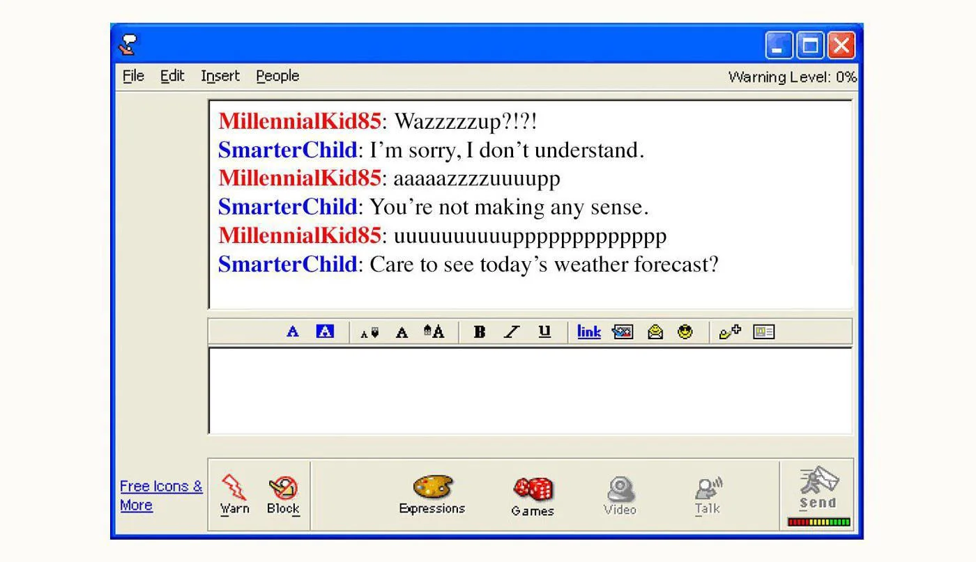 A 2000s AOL Instant Messenger conversation with SmarterChild, a scripted keyword bot