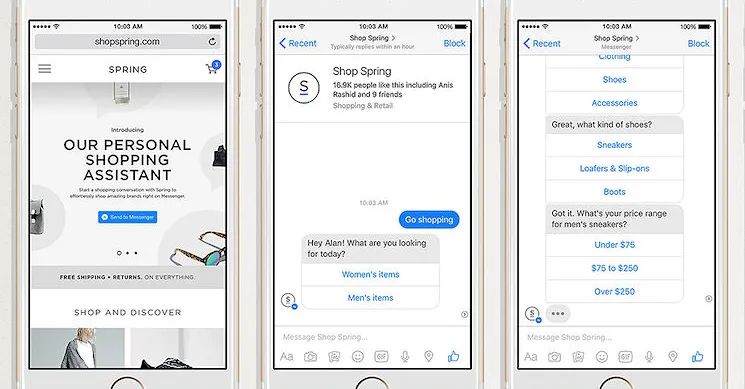 A 2016 Facebook Messenger shopping bot showing button-based menus instead of free text