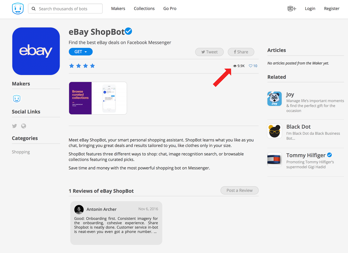 eBay's ShopBot listed in a public directory of Facebook Messenger bots, 2016
