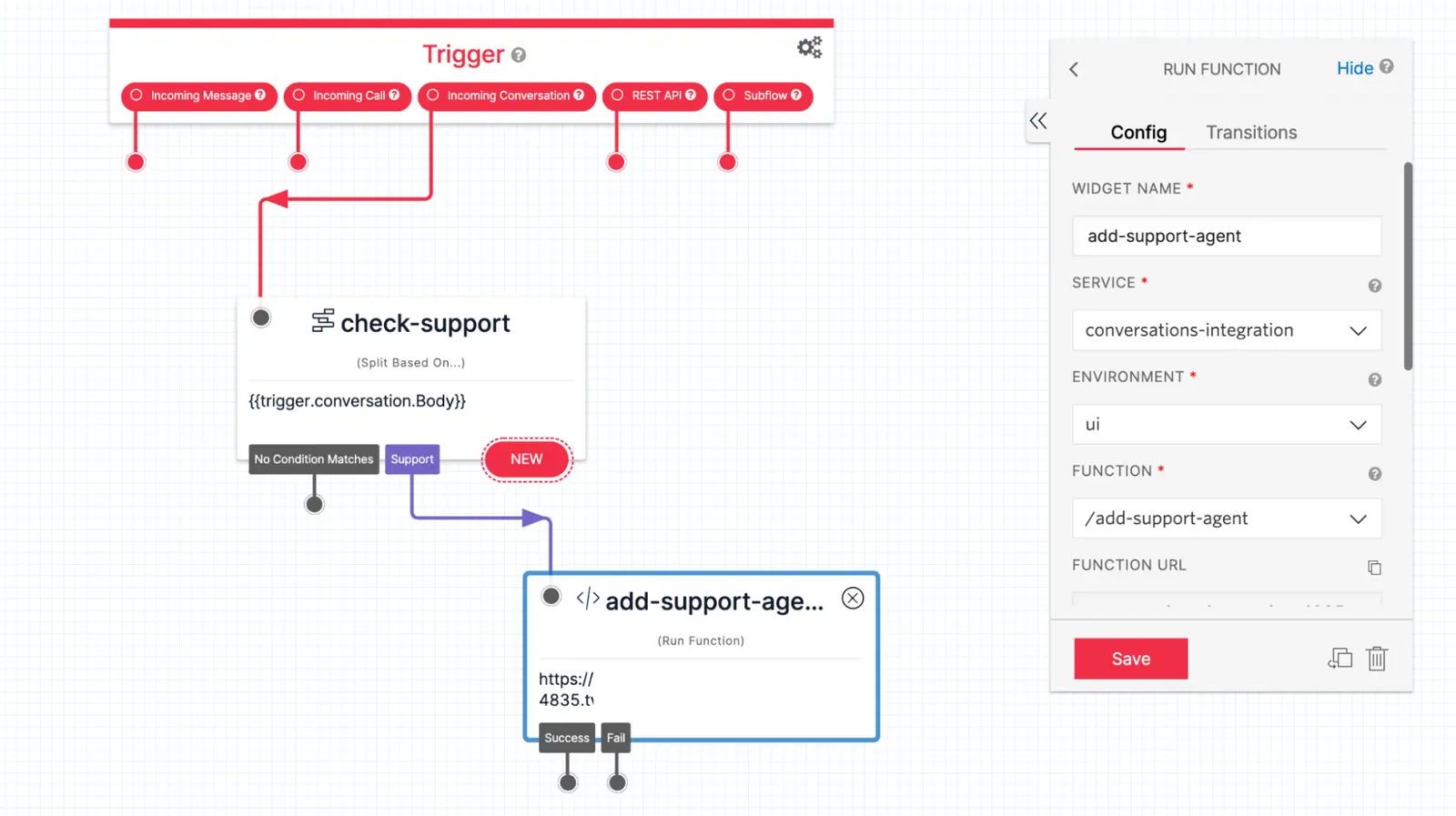 A Twilio Studio flow routing a customer support conversation