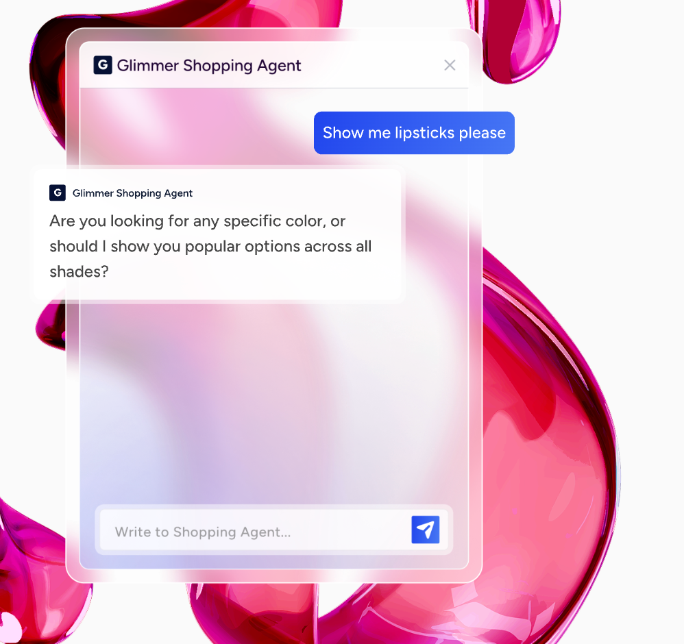 A modern AI shopping assistant chat widget answering a free-text question directly, with no button menu
