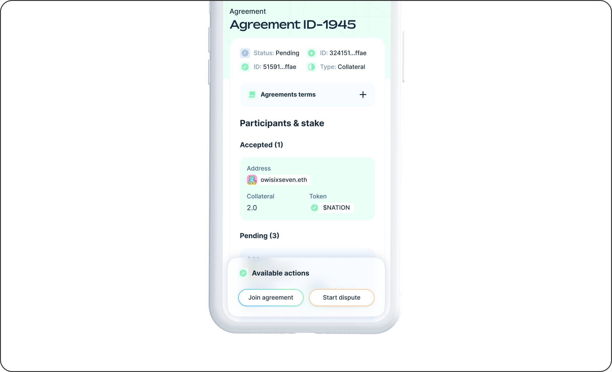 An Agreement viewed on mobile, showing participants, collateral, and the Join or Start dispute actions