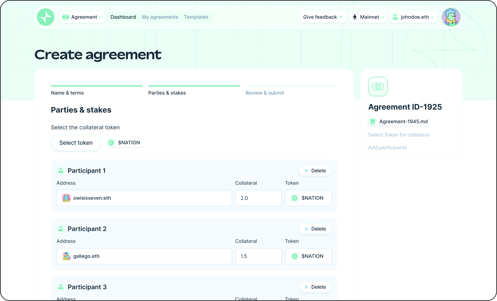 Adding participants, their addresses, and collateral in NATION tokens