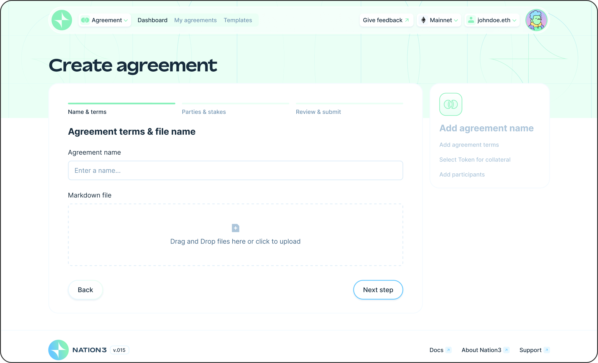 Naming an agreement and attaching its markdown terms file