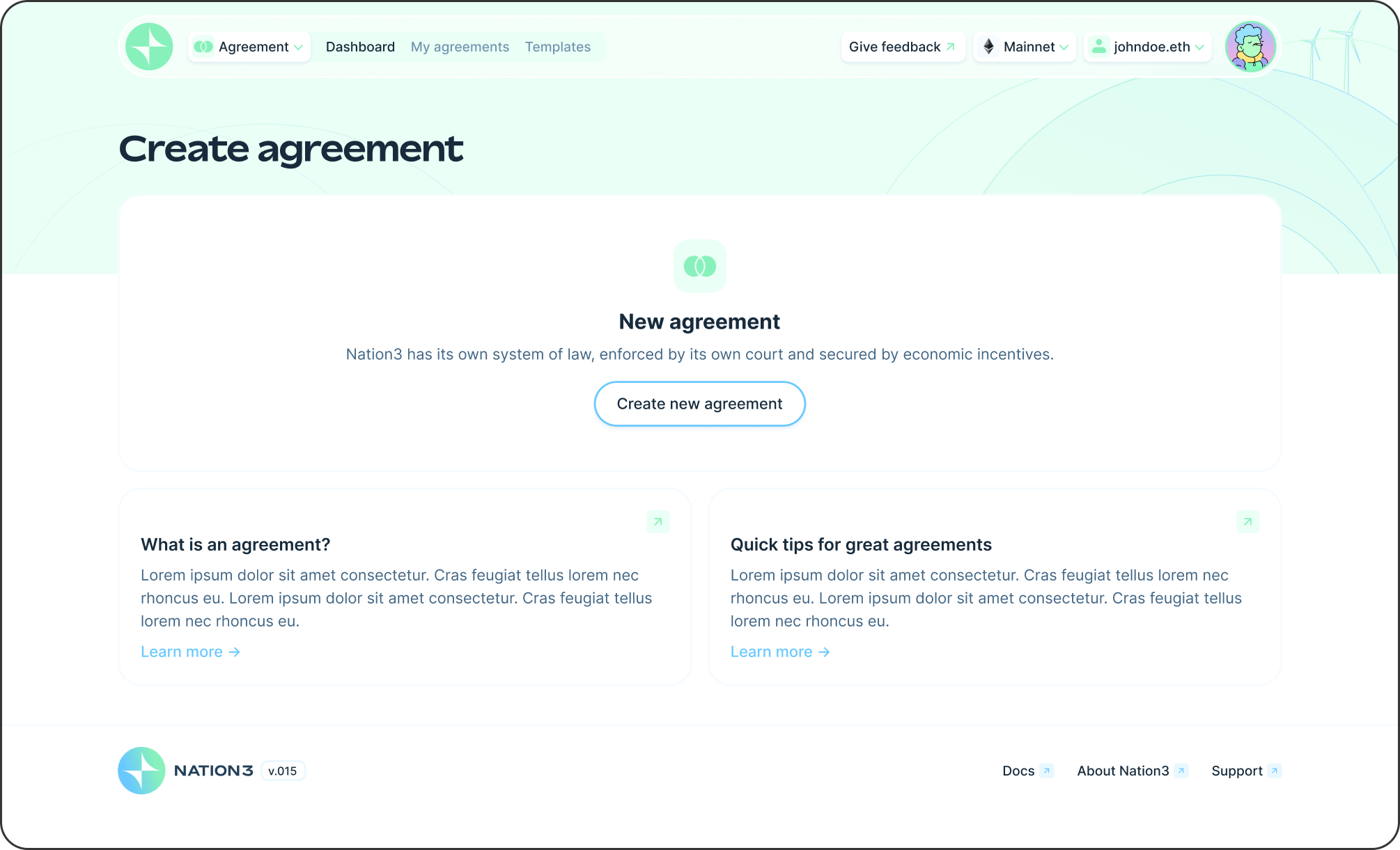 Nation3 Agreements landing screen, offering to create a new agreement