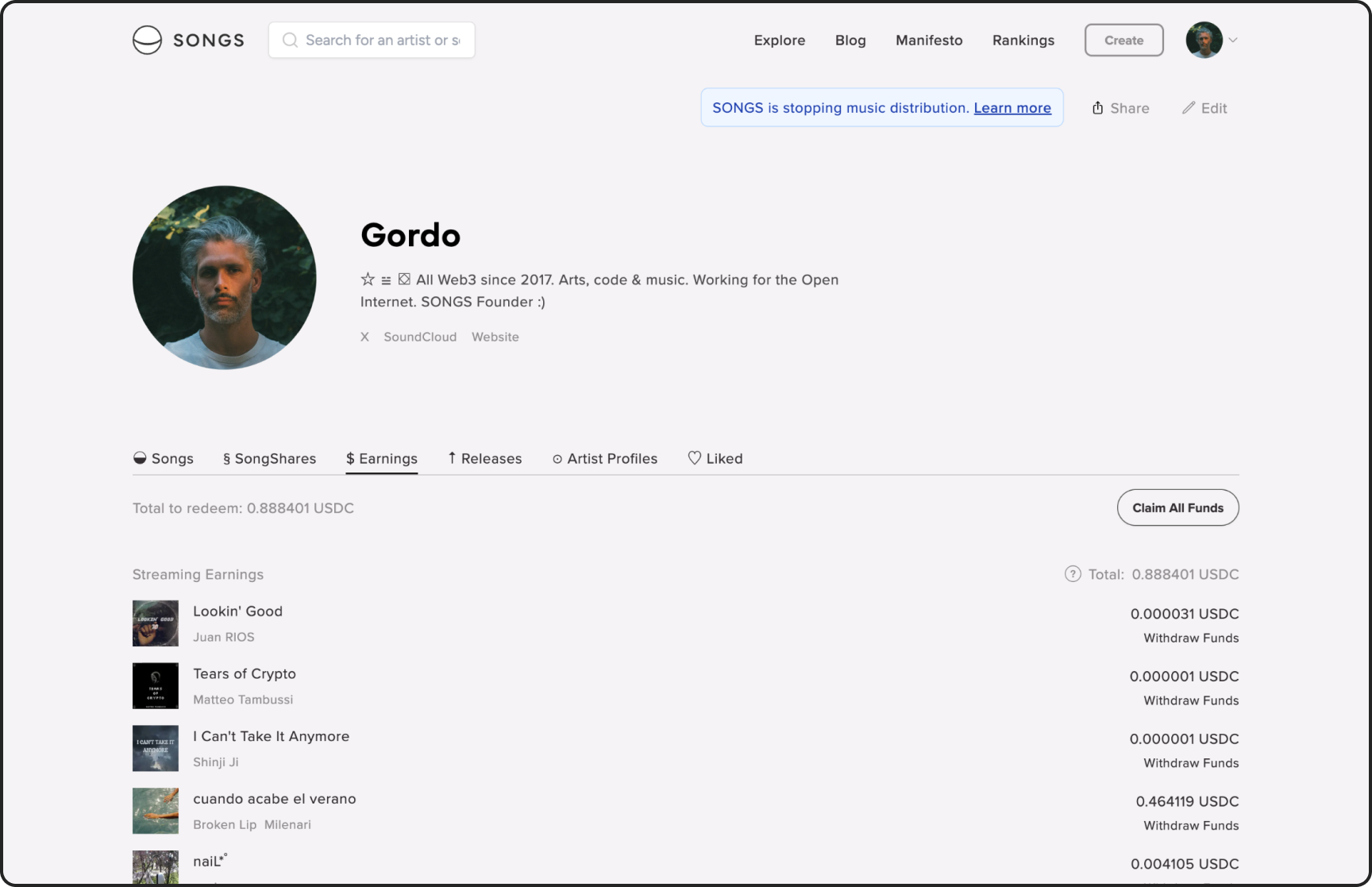 SONGS earnings dashboard with funds available to claim