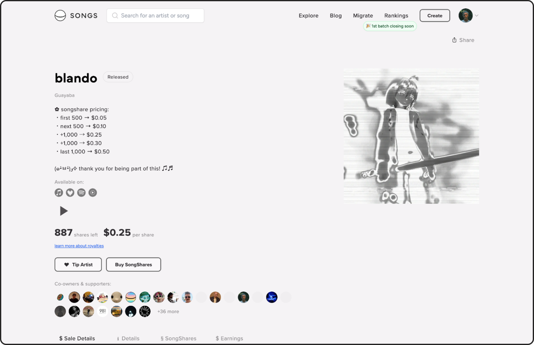 SONGS release page showing SongShares and co-owners