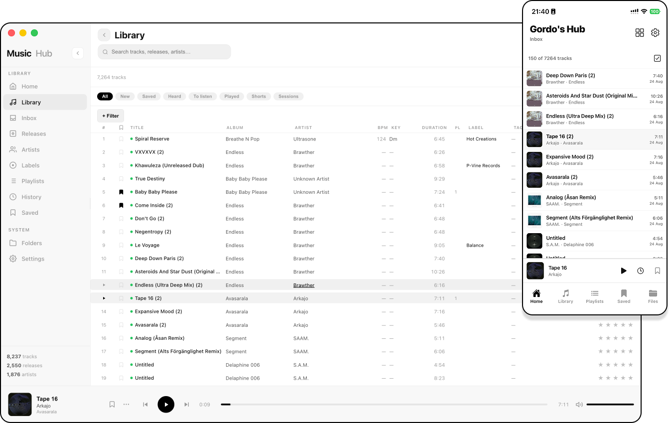 The same Tape Music Suite library open on desktop and its paired phone companion
