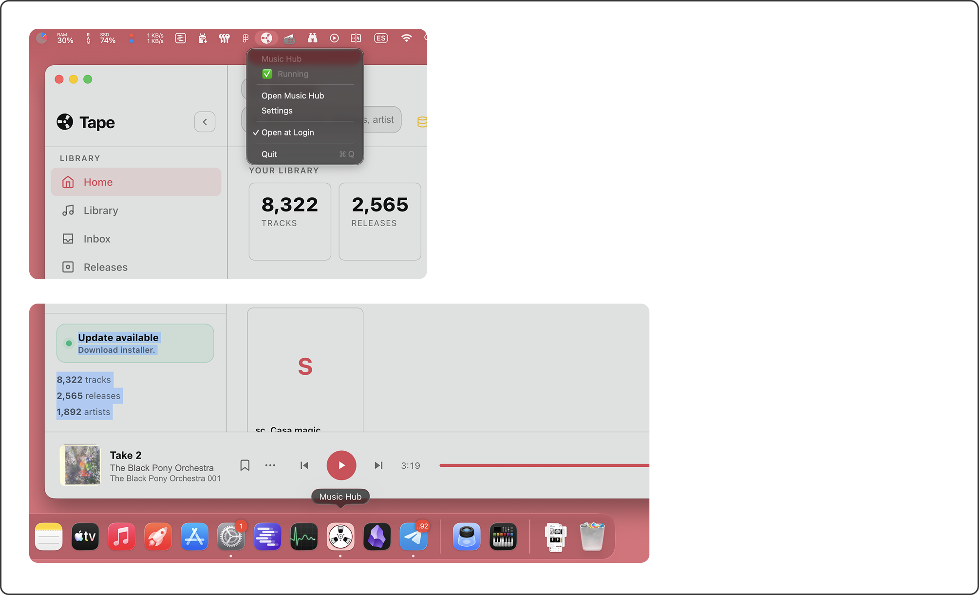 The Tape menu bar item and its status menu, and the Tape dock icon among other running applications on macOS