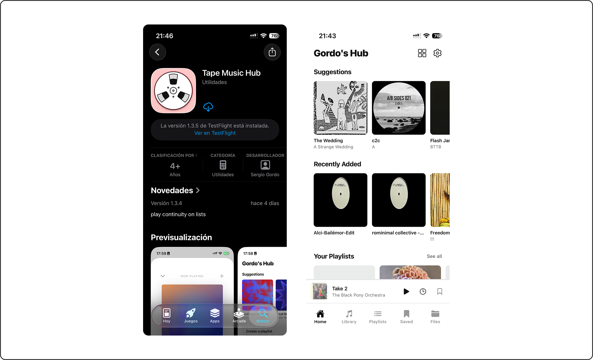 The Tape Music Hub app store listing on TestFlight, next to the mobile companion app open on a phone showing suggestions, recently added releases and playlists